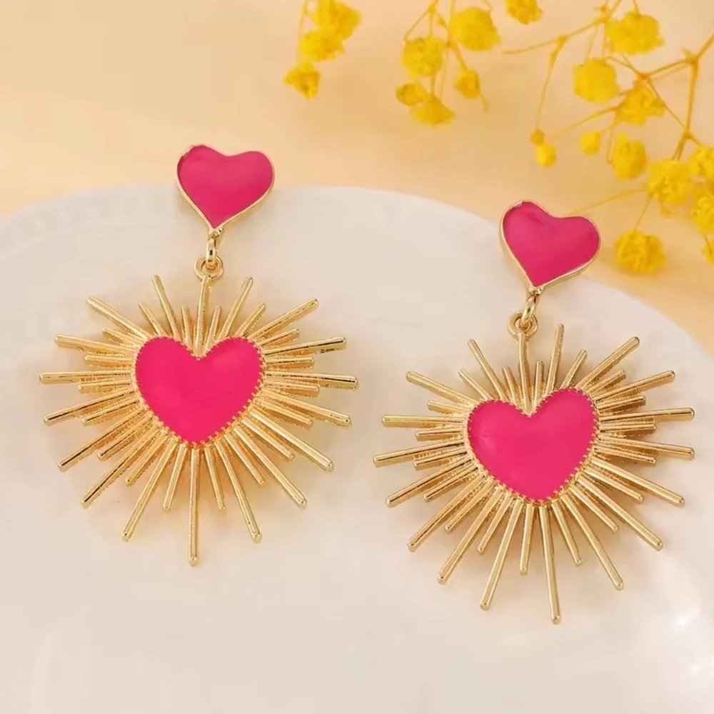 Pink Heart Statement Retro Gold Sunburst Dangle Valentine’s Day Jewelry